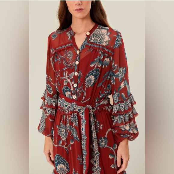 FARM Rio Tropical Landing Red Longsleeve Maxi Dress Medium Bohemian Resortwear - Picture 3 of 16